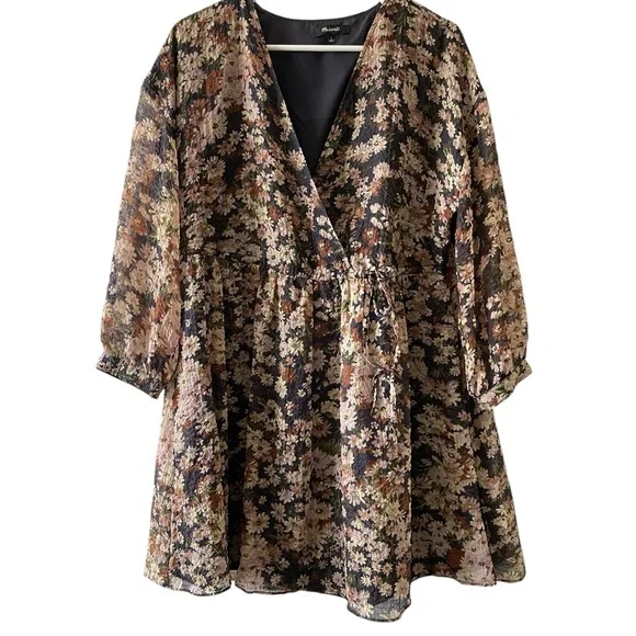 Madewell Floral Daisy Faux Wrap Mini Dress Long Sleeve Drawstring Waist large - Picture 7 of 10